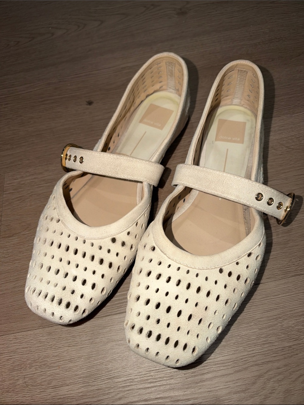 Dolce Vita Cream Perforated Mary Jane Flats with Gold Accent